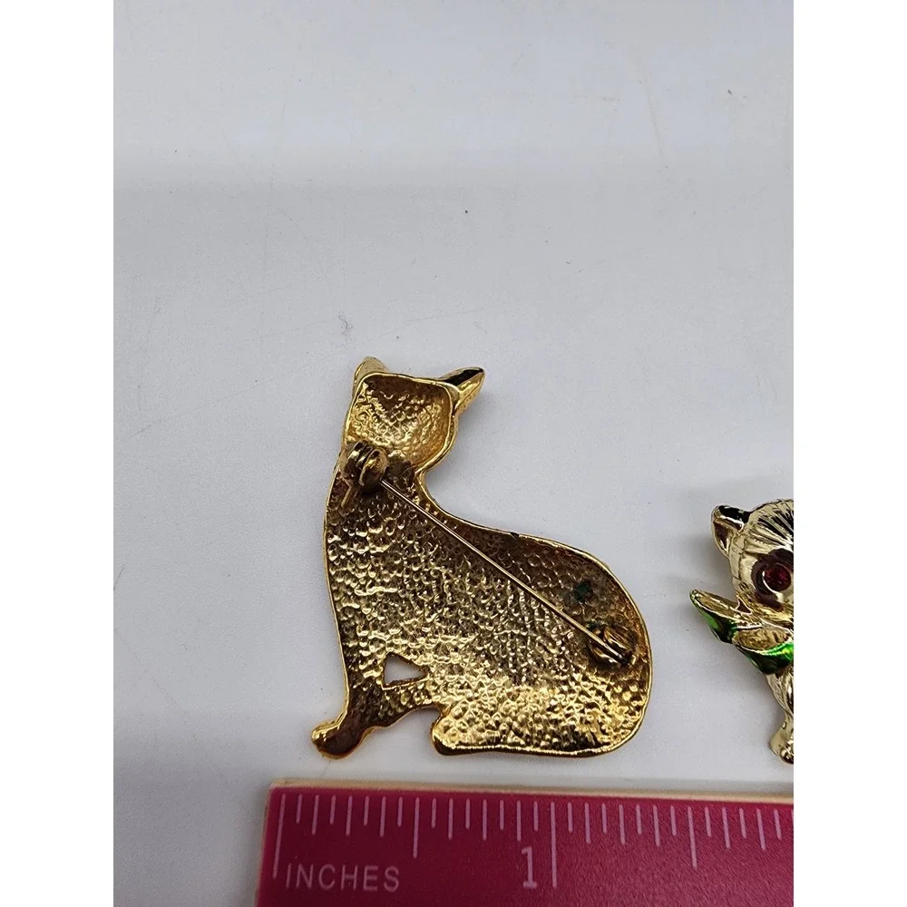 Vintage Style Cat Brooch Set Black Enamel Rhinestone Gold Tone Kitten Pins 2pc